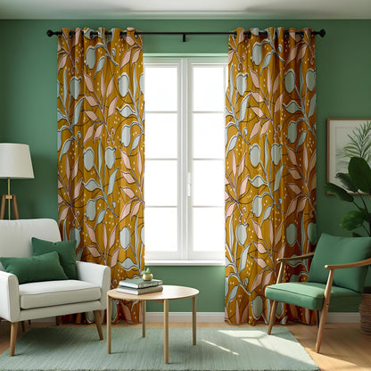 Mustard Botanical Curtains, Retro Mid Century Leaf Drapes