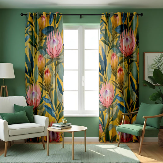 Pink Protea Tropical Curtains, Green Leaf Floral Drapes