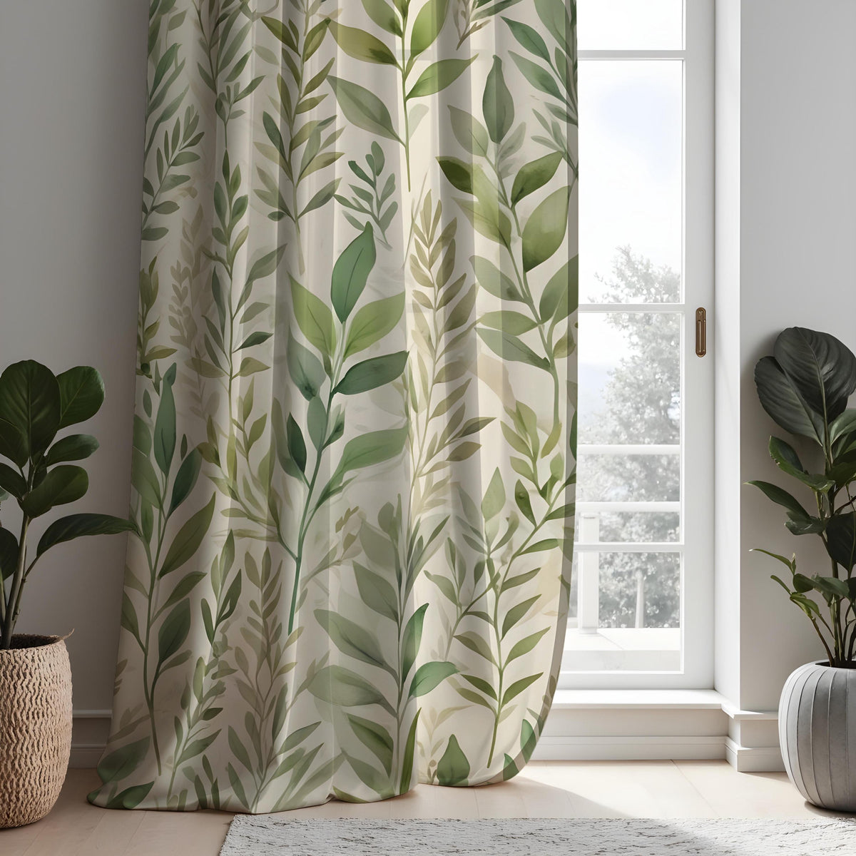 Green Botanical Leaf Curtains, Tropical Nature Custom Drapes
