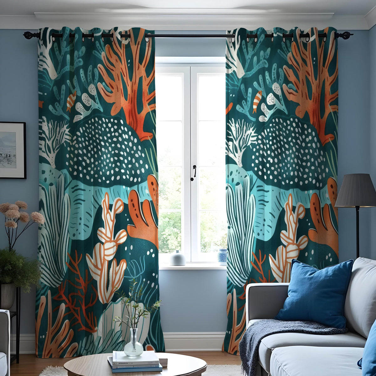Teal Coral Reef Curtains, Ocean Fish & Sea Life Drapes