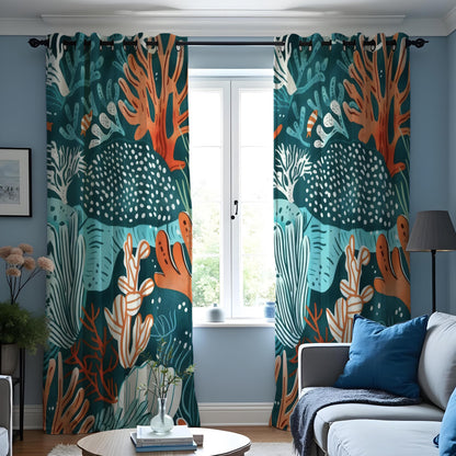 Teal Coral Reef Curtains, Ocean Fish & Sea Life Drapes