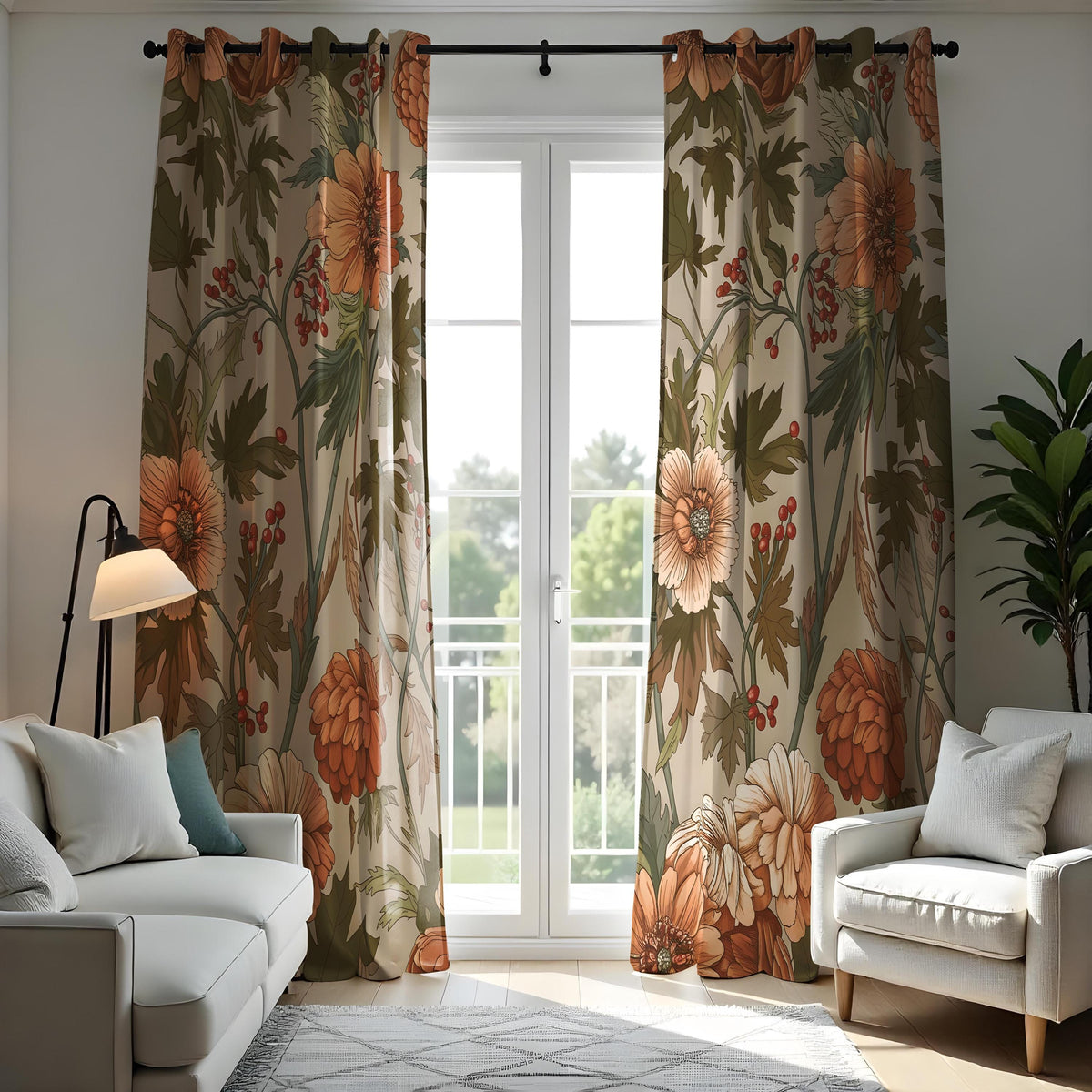 Autumn Orange Floral Curtains, Vintage Botanical Drapes