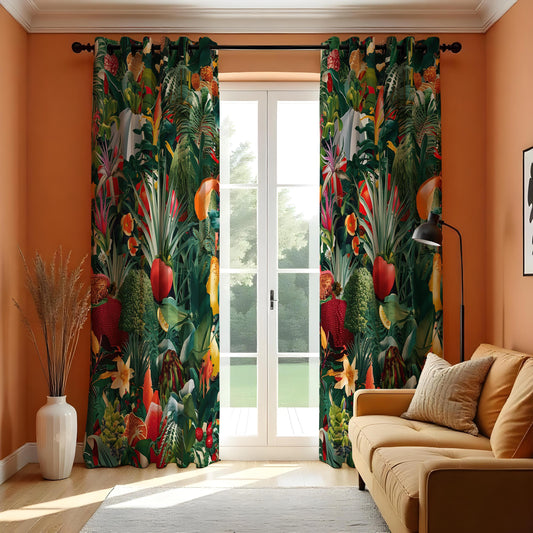 Exotic Tropical Curtains, Colorful Jungle Leaf & Flower Drapes