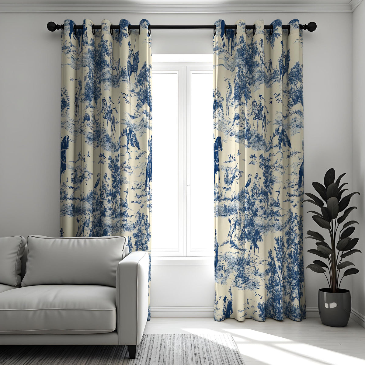 Blue Toile Curtains, French Country Pastoral Scene Drapes