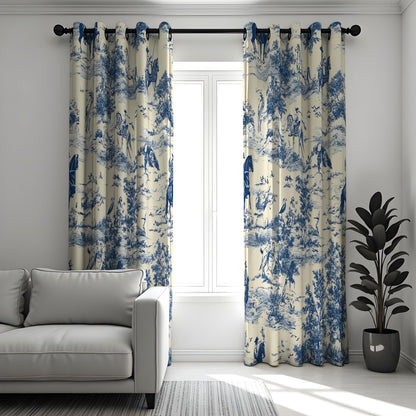 Blue Toile Curtains, French Country Pastoral Scene Drapes