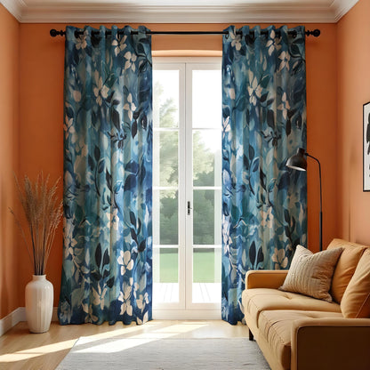 Navy Teal Botanical Leaf Curtains, Modern Custom Drapes