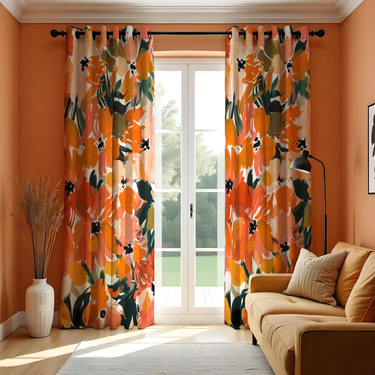 Orange Abstract Floral Curtains, Painterly Botanical Drapes