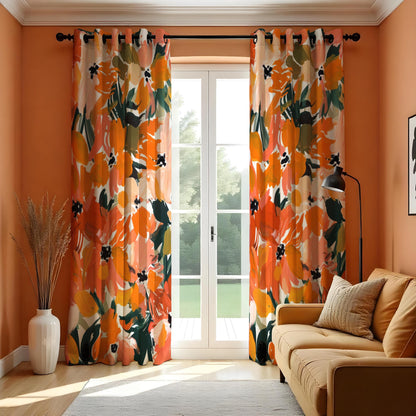 Orange Abstract Floral Curtains, Painterly Botanical Drapes