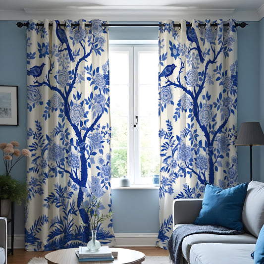 Blue Bird Floral Curtains, Chinoiserie Botanical Drapes