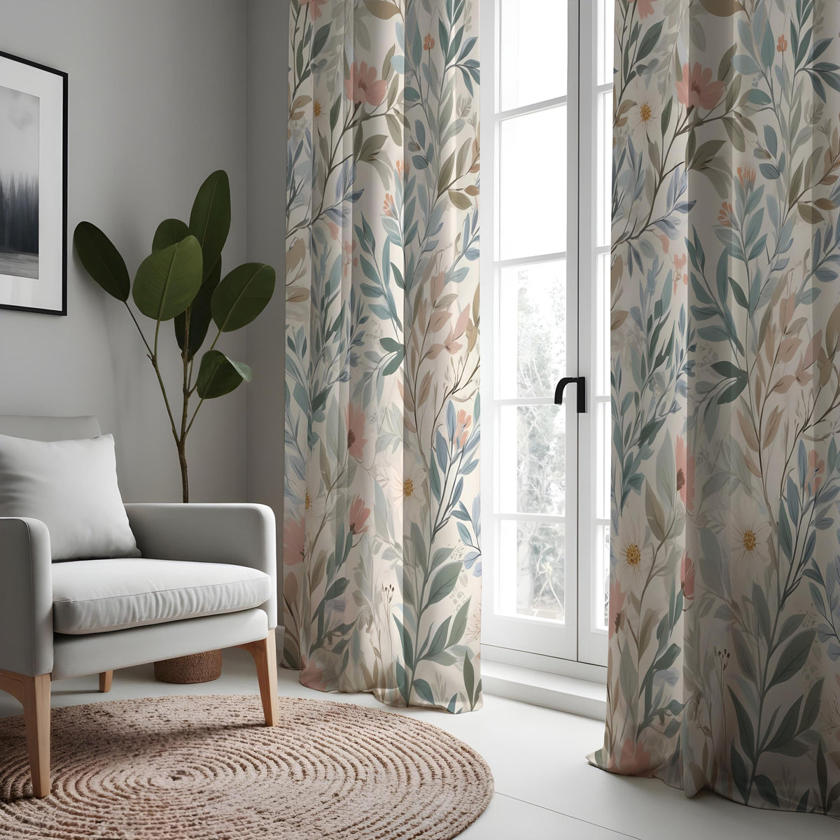 Soft Pastel Botanical Curtains, Leaf & Flower Custom Drapes