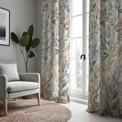 Soft Pastel Botanical Curtains, Leaf & Flower Custom Drapes
