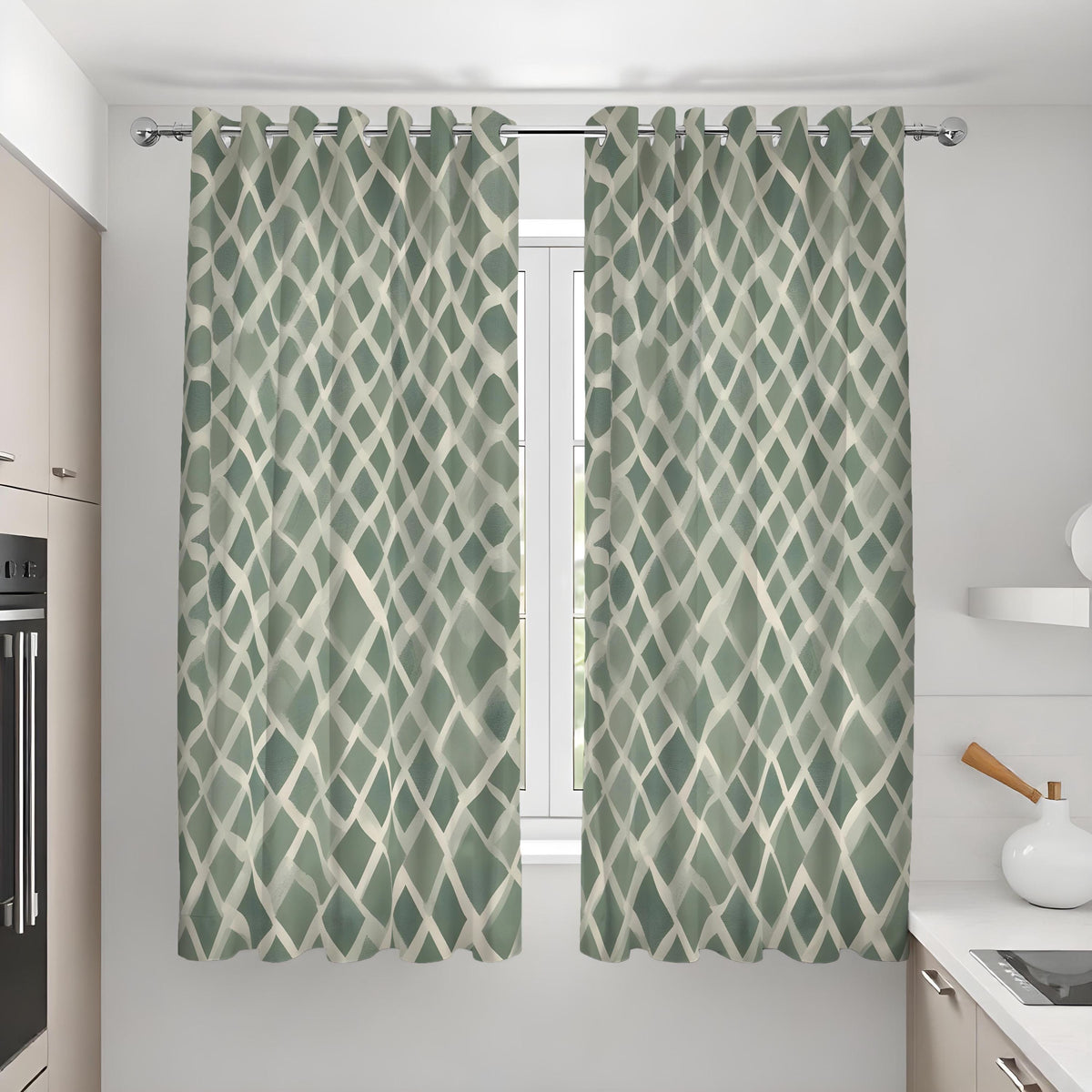Sage Green Lattice Curtains, Geometric Neutral Drapes