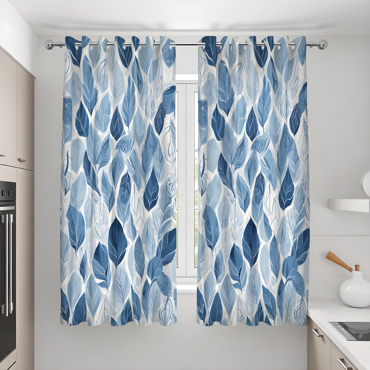 Blue Nature Leaf Curtains, Botanical Print Custom Drapes