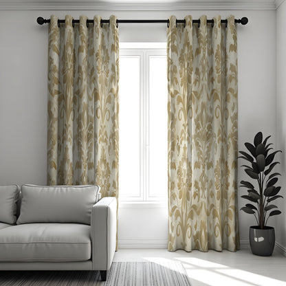 Beige & Yellow Damask Curtains, Traditional Pattern Drapes
