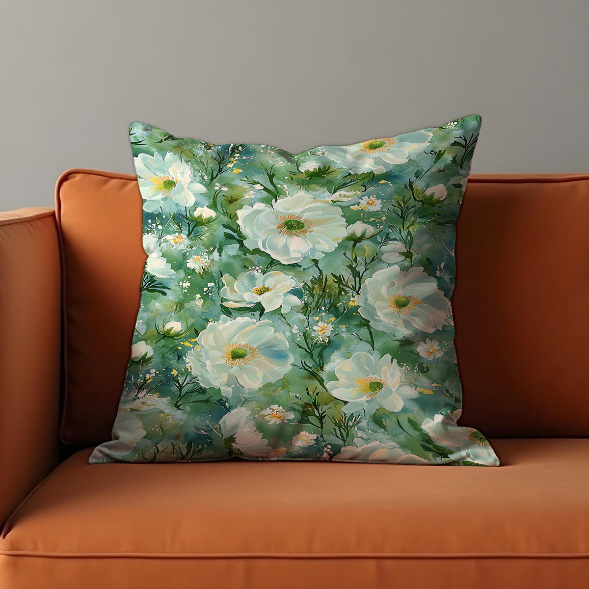 Green Floral Cushion Cover, White Flower Pillow Case