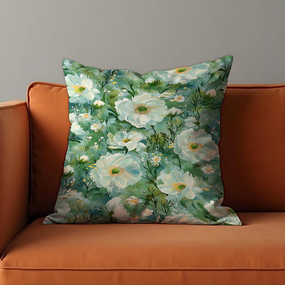 Green Floral Cushion Cover, White Flower Pillow Case