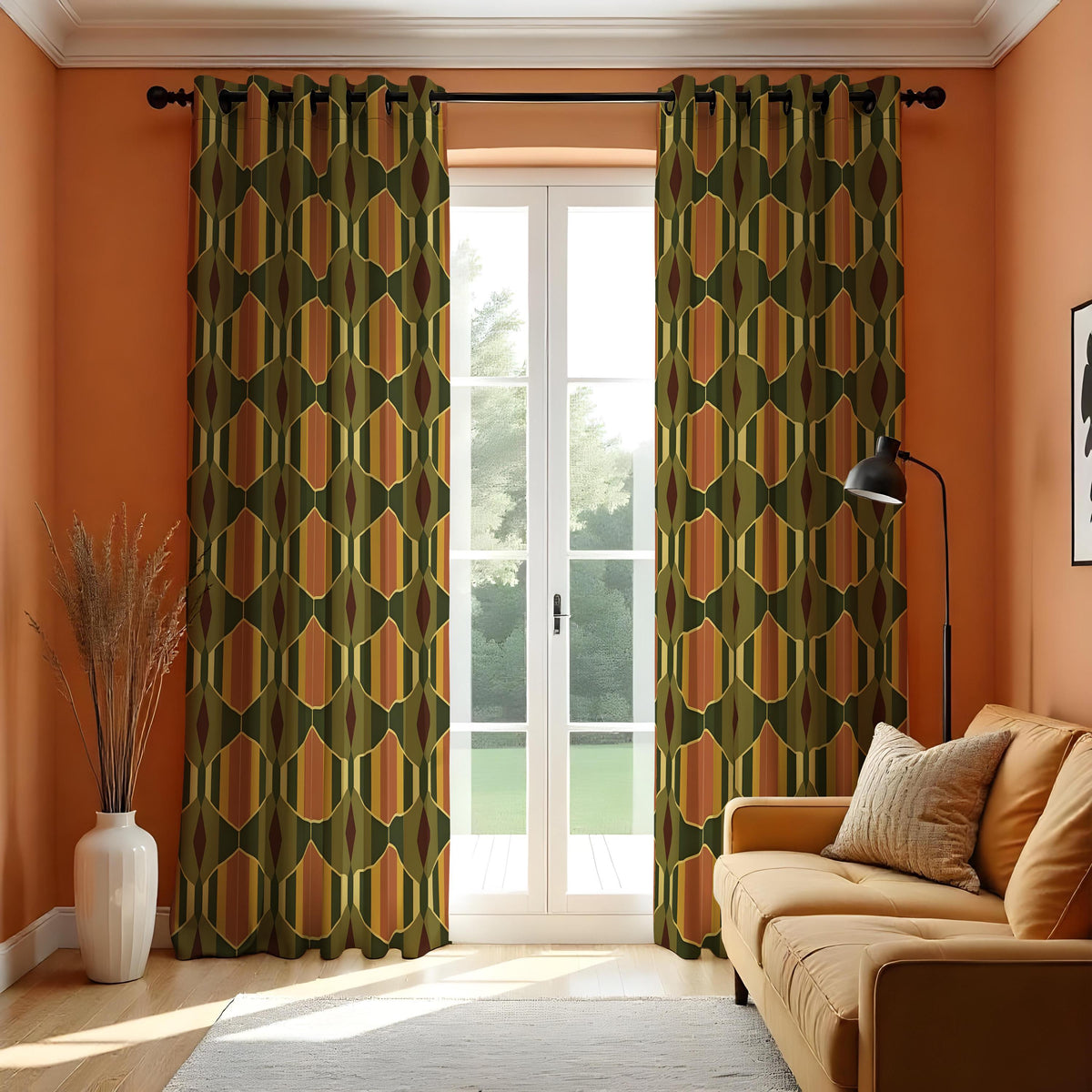 Olive Mustard Brown Retro Curtains, Mid Century Drapes