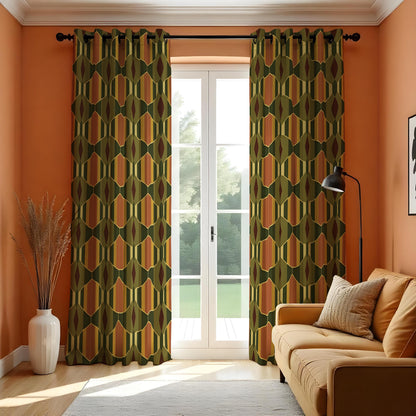 Olive Mustard Brown Retro Curtains, Mid Century Drapes