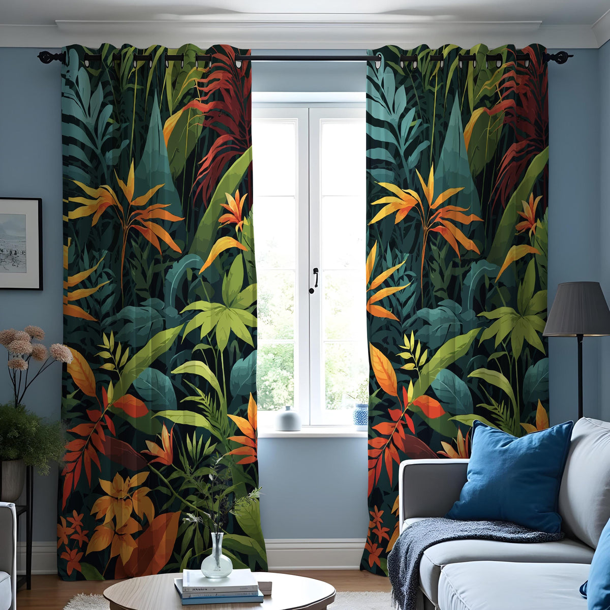 Deep Green & Orange Jungle Leaf Curtains, Tropical Drapes