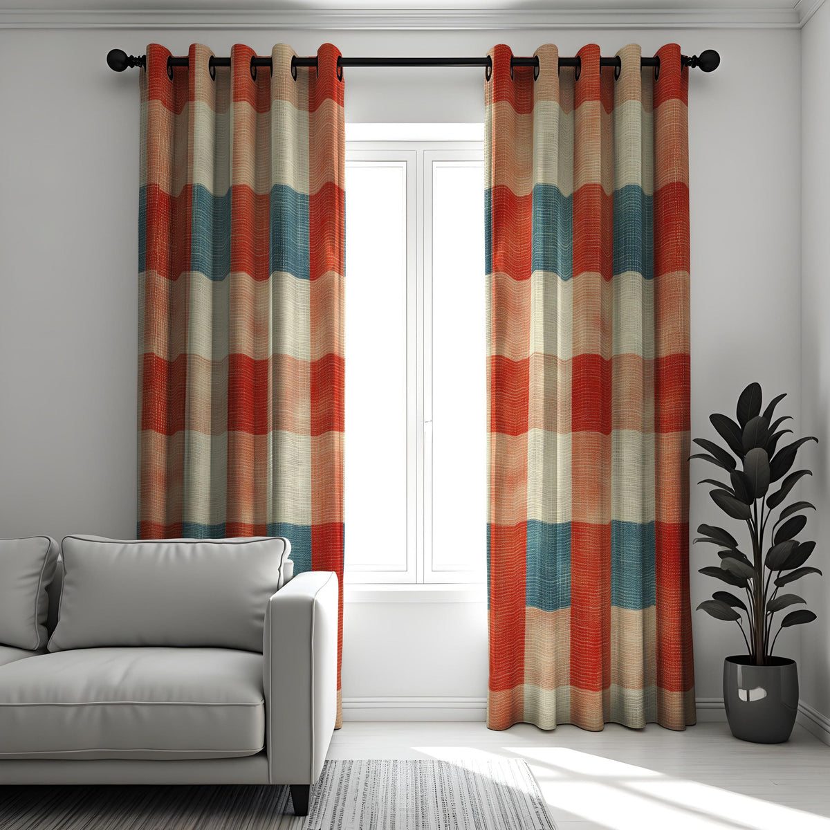 Rustic Earth Tone Striped Curtains, Checkered Boho Drapes
