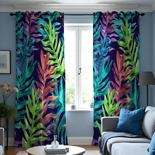 Teal Purple Tropical Leaf Curtains, Jungle Print Drapes