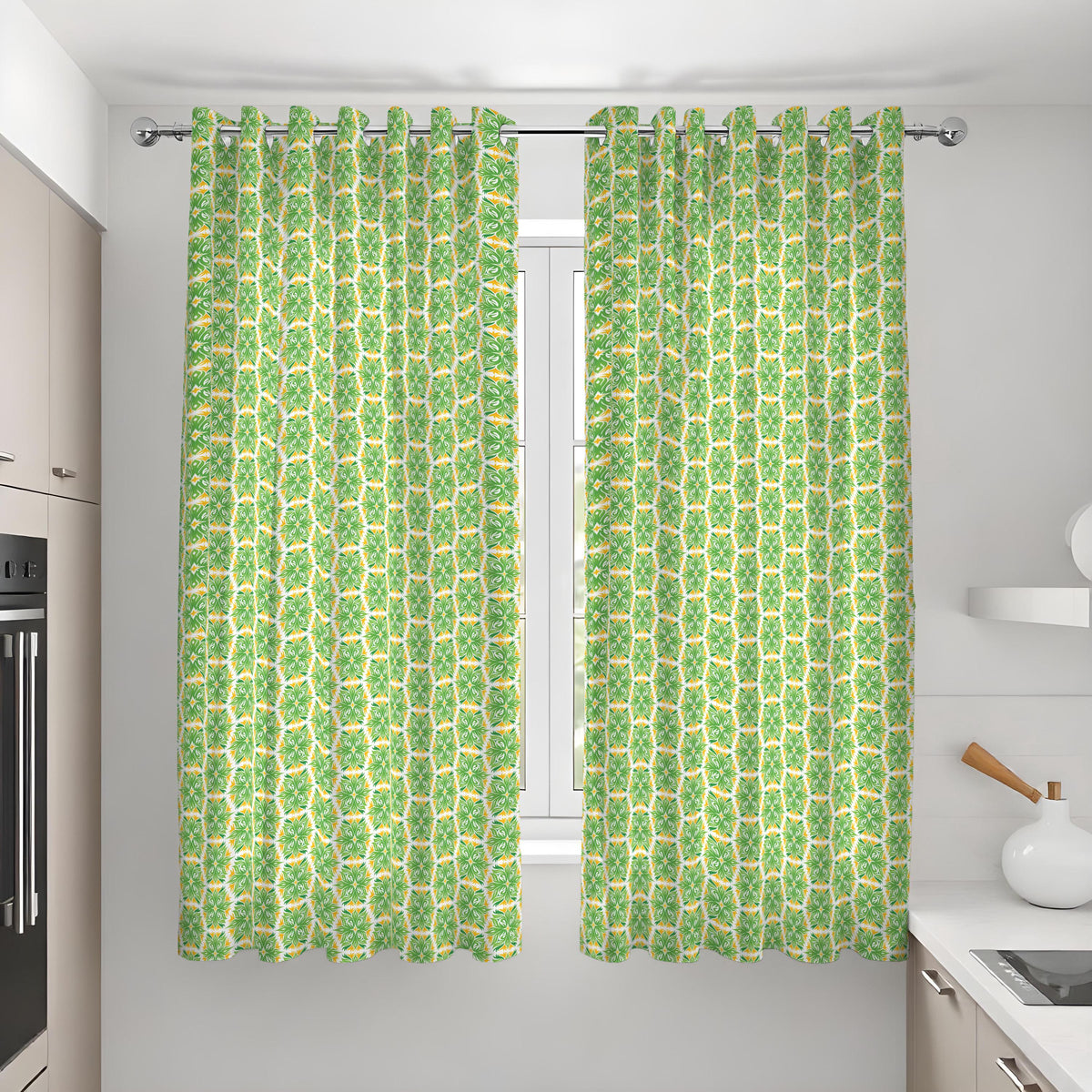 Green Tropical Leaf Curtains, Custom Eyelet Rod Pocket Drapes