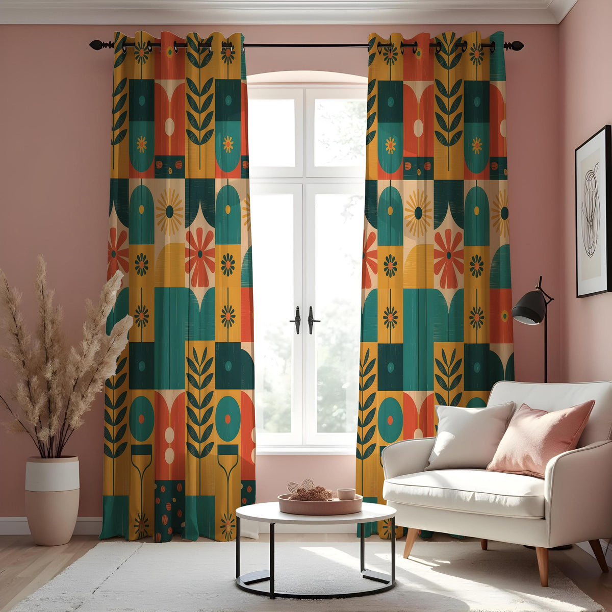 Teal Mustard Orange Mid Century Floral Curtains, Retro Drapes