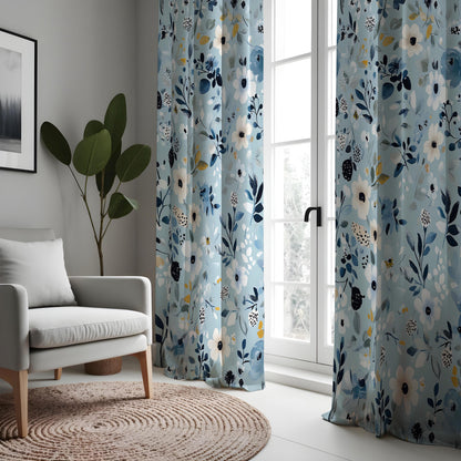 Light Blue Floral Curtains, Navy & White Botanical Drapes