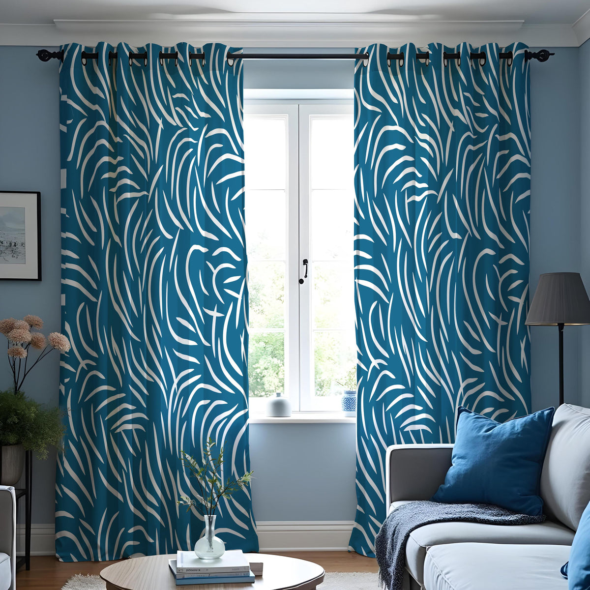 Teal Blue & White Abstract Curtains, Modern Pattern Drapes