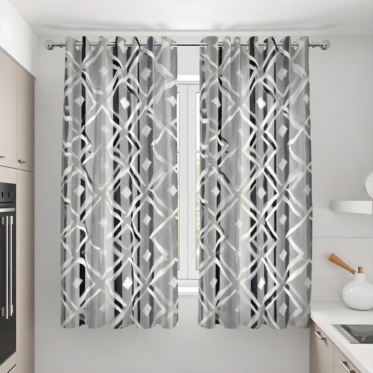 Grey Geometric Curtains, Neutral Abstract Pattern Drapes