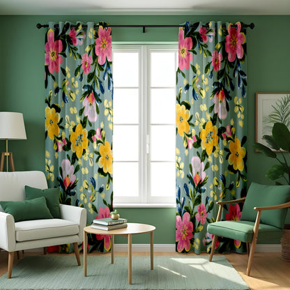 Yellow & Pink Watercolor Floral Curtains, Botanical Drapes