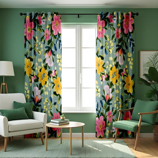 Yellow & Pink Watercolor Floral Curtains, Botanical Drapes