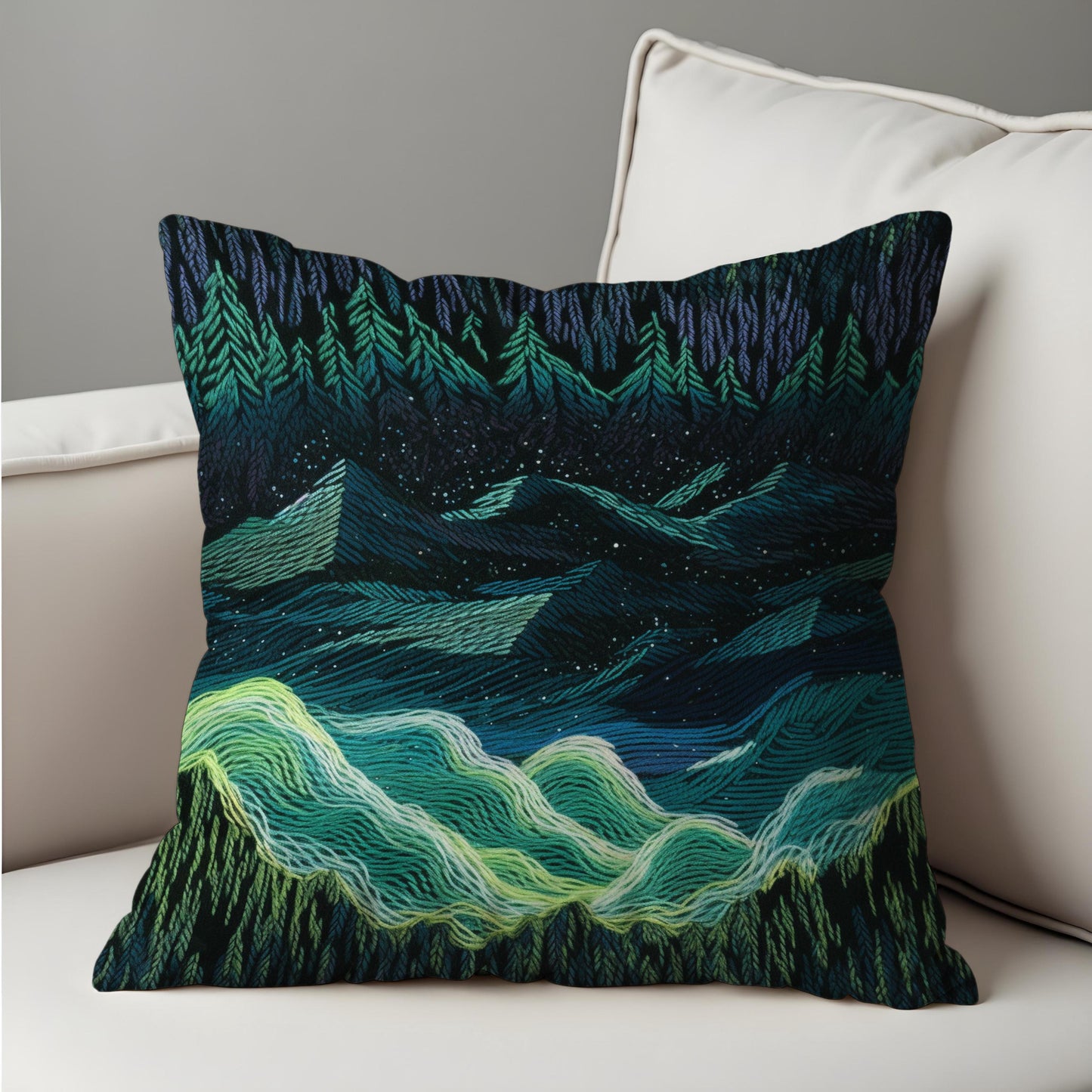 Northern Lights Cushion Cover, Dark Forest Mountain Night Pillow Case