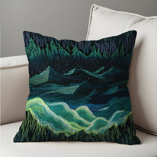 Northern Lights Cushion Cover, Dark Forest Mountain Night Pillow Case