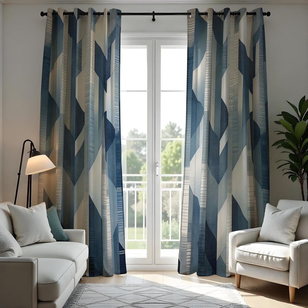 Blue Geometric Curtains, Minimalist Abstract Custom Drapes