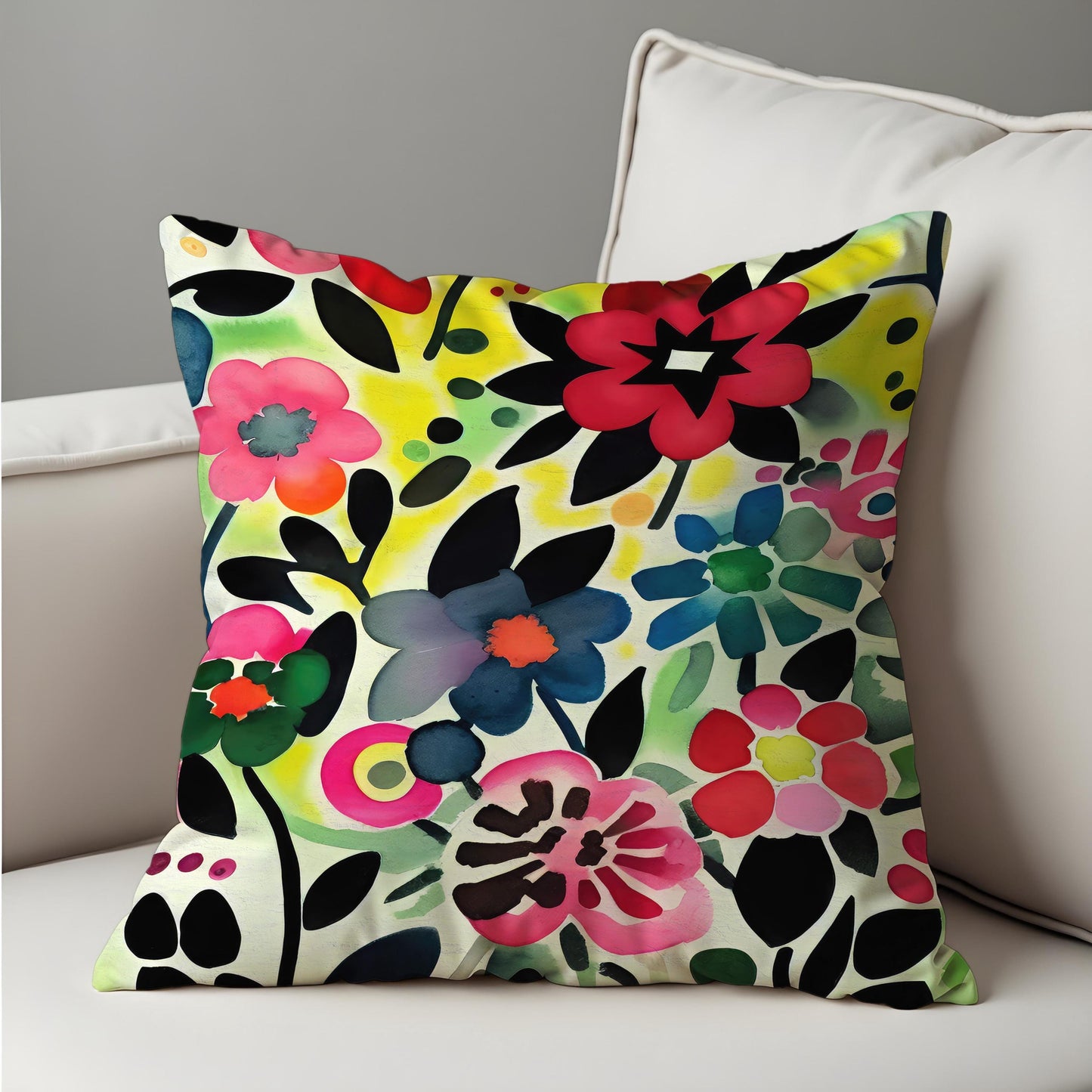 Bold Watercolor Floral Cushion Cover, Colorful Flower Throw Pillow Case