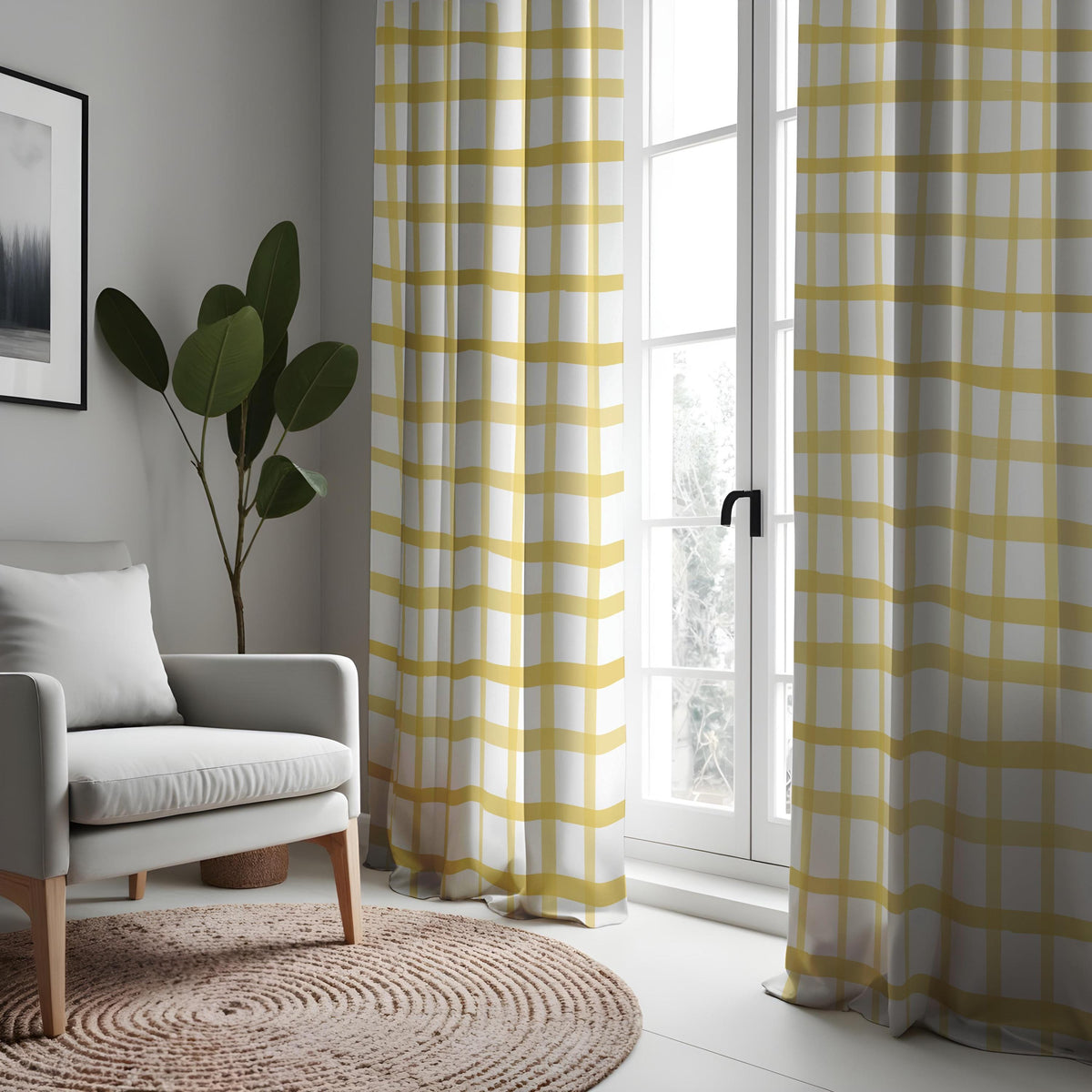 Yellow Wavy Checkered Curtains, Retro Mid Century Drapes