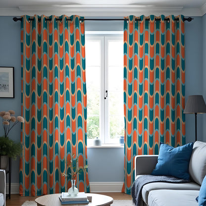 Orange and Teal Retro Wave Curtains, 70s Geometric Drapes