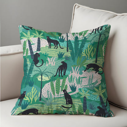 Jungle Panther Cushion Cover, Green Tropical Safari Pillow Cover