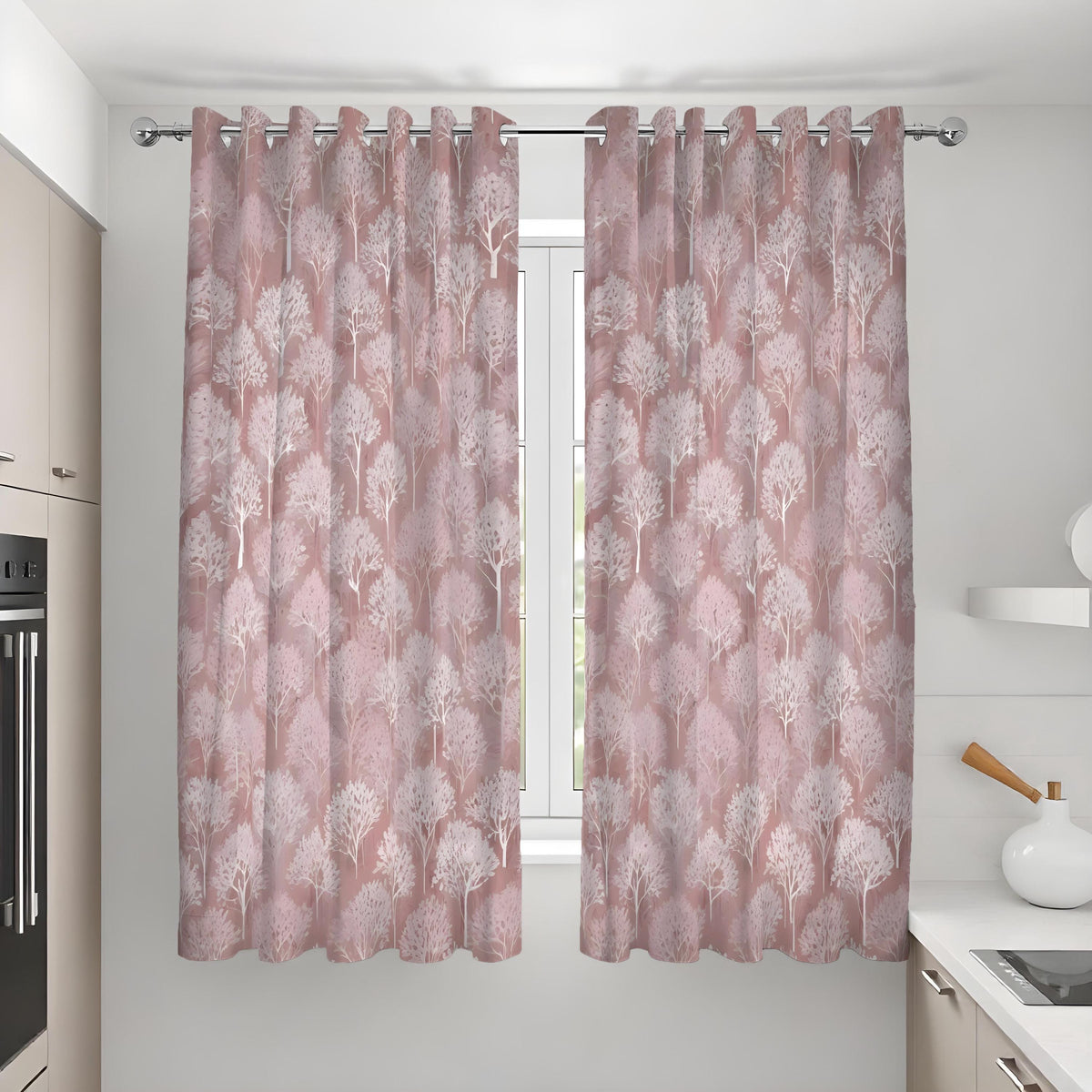 Dusty Rose Tree Curtains, Pink Woodland Silhouette Drapes
