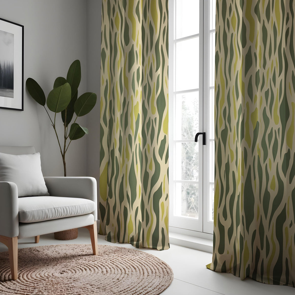 Green Abstract Wave Curtains, Retro Organic Wavy Drapes