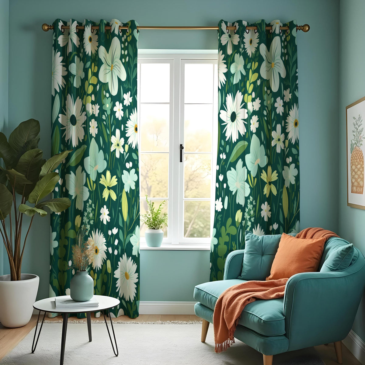 Dark Green Daisy Curtains, White Wildflower Botanical Drapes