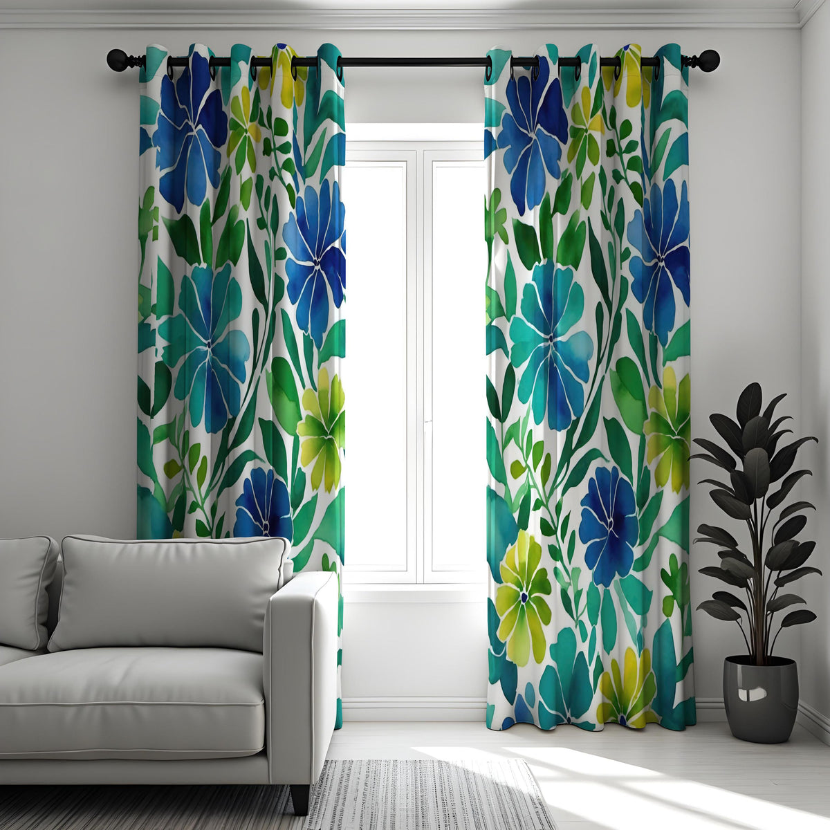 Blue & Green Tropical Floral Curtains, Summer Drapes