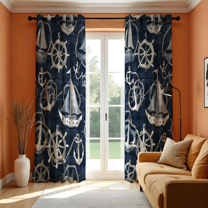 Navy Nautical Sailboat Curtains, Beach House Window Drapes