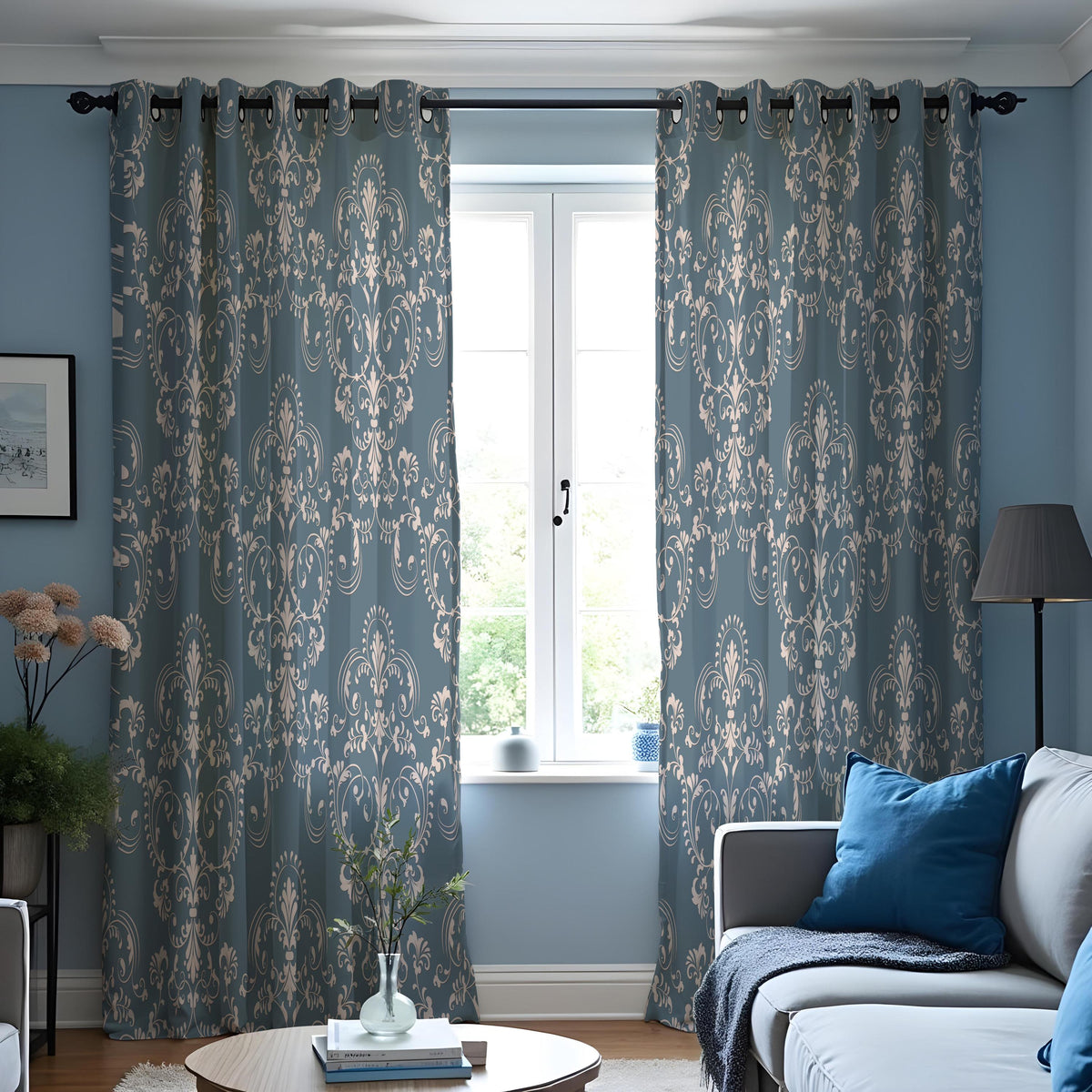 Blue Beige Damask Curtains, Farmhouse Custom Size Drapes