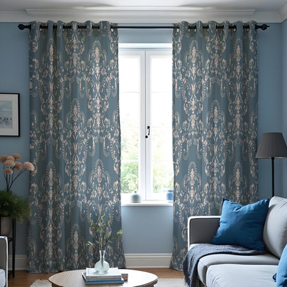 Blue Beige Damask Curtains, Farmhouse Custom Size Drapes