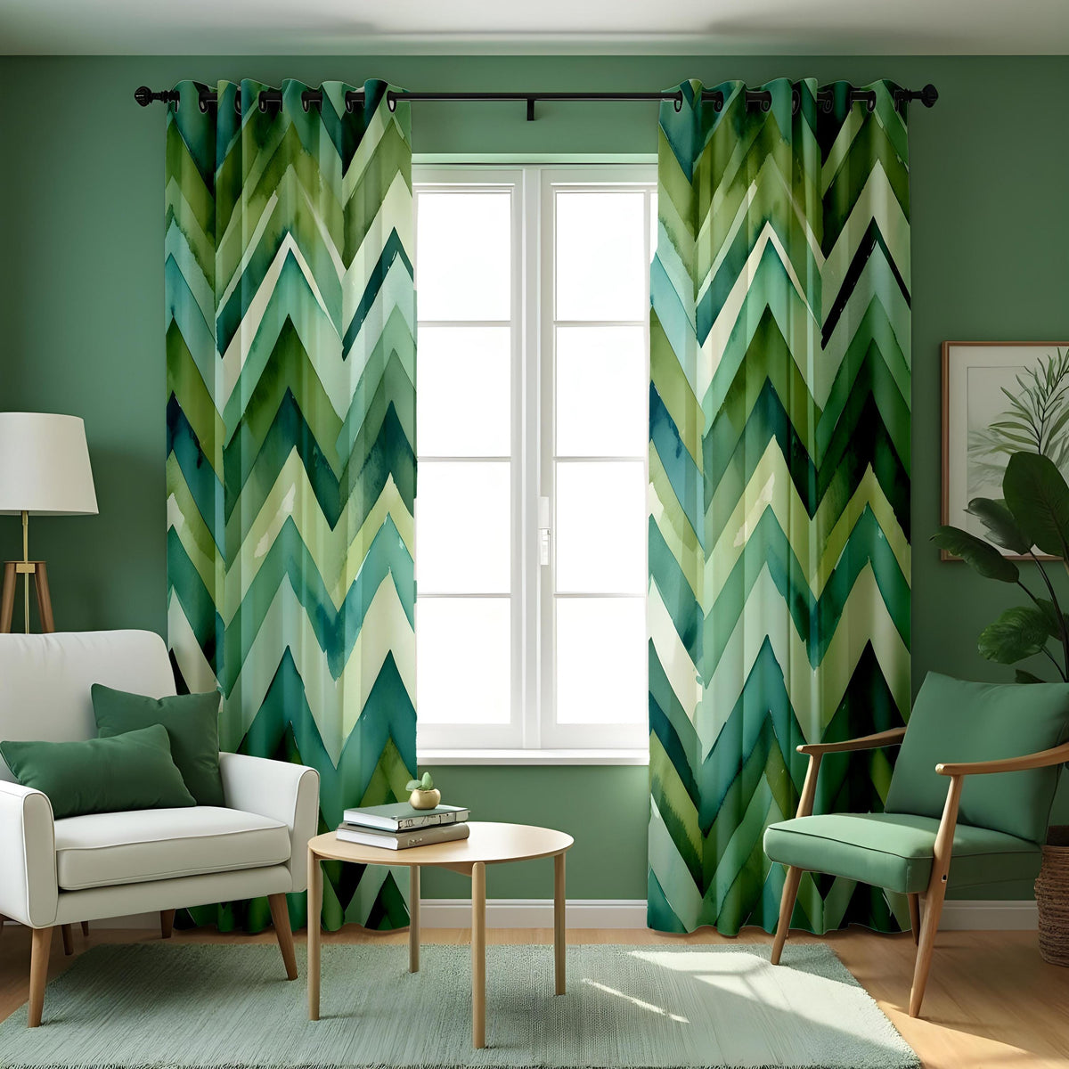 Green Zigzag Chevron Curtains, Custom Made Window Drapes