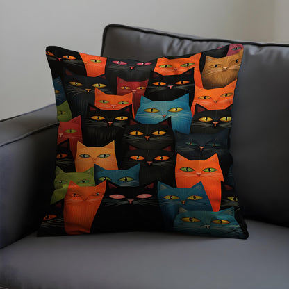 Colorful Cat Faces Cushion Cover, Funky Black & Rainbow Cats Pillow Case