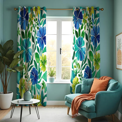 Blue & Green Tropical Floral Curtains, Summer Drapes