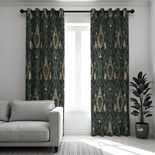 Dark Green Art Nouveau Curtains, Classic Floral Drapes